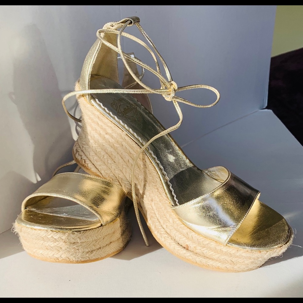 Elle Shiny gold leather sandals tie-up espadrille wedges with high platform US10